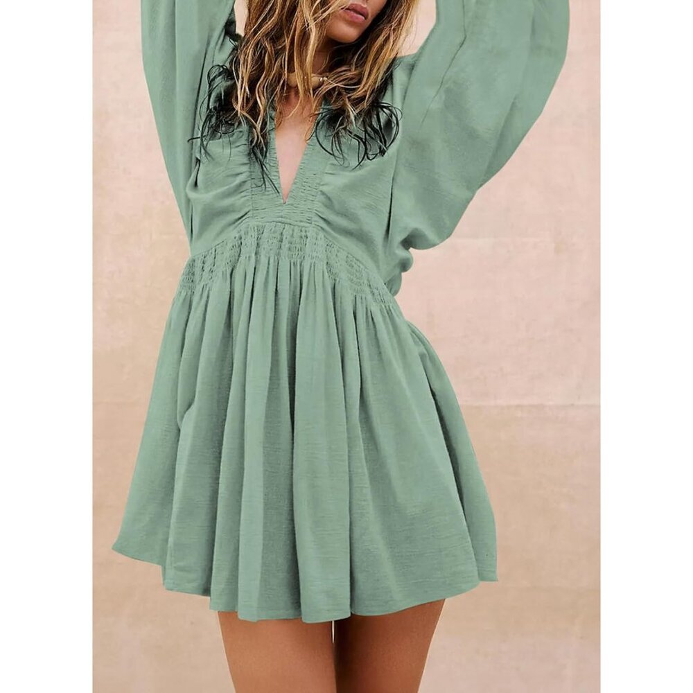 Women’s Spring Long Sleeve V Neck Casual Loose Flowy Ruffle Mini Dress - Picture 3 of 4
